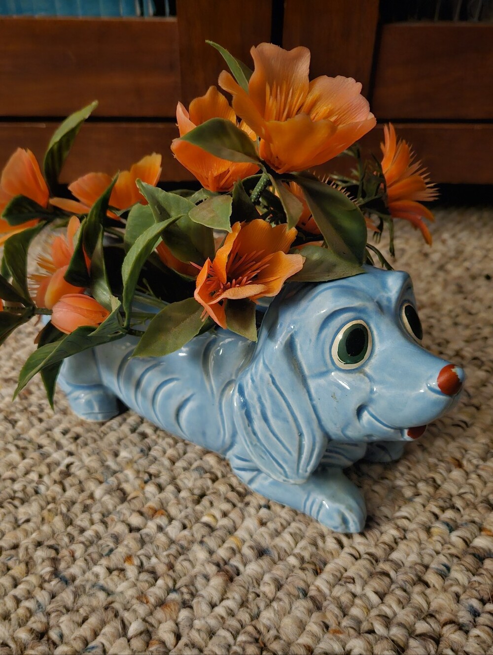 Blue Dachshund Pot Planter With Artificial Flowers